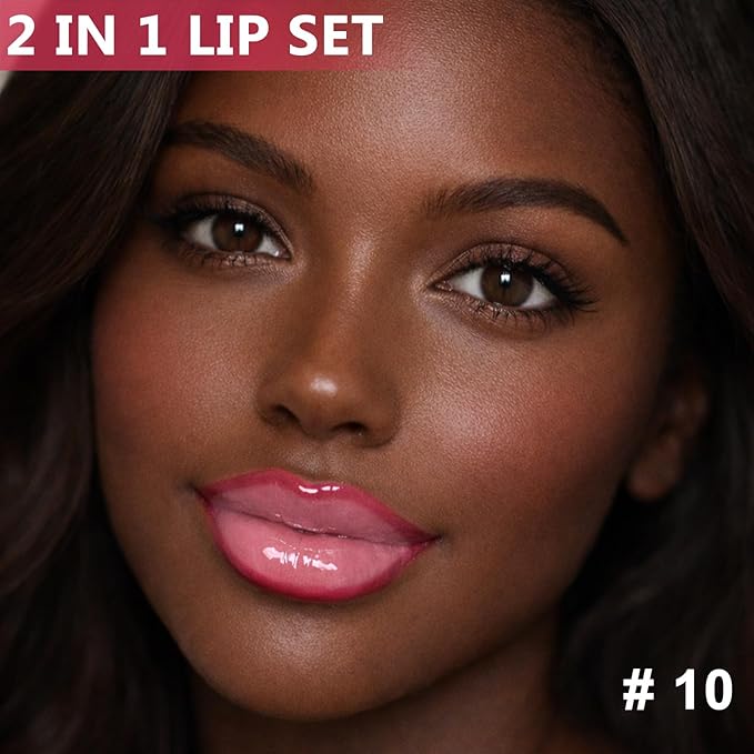 Jutqut Red Lip Liner and Gloss Lip Kit, Waterproof Long-Lasting Combo Set with Matte Lip Liner Pencil and Non-Sticky Pluming Tinted Gloss, Highly Pigmented Lipliner Set for Women (10 Red)