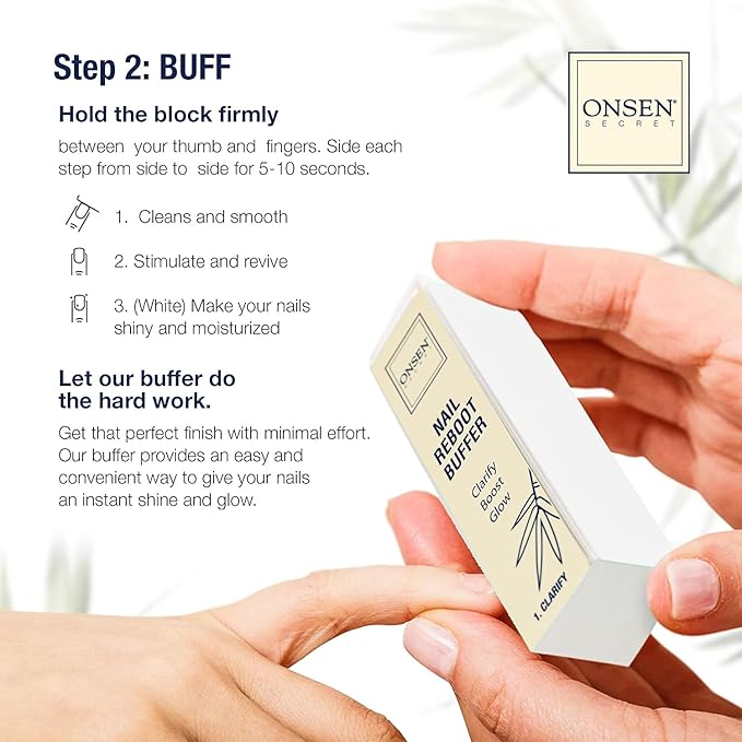 Onsen Secret Complete Nail Reboot Kit w/Cuticle Oil 10ml, Nail File 120/180 Grit Double Sided, A 3-Way Buffer Block & Cuticle Serum-15ml in Action | Super Value Pack