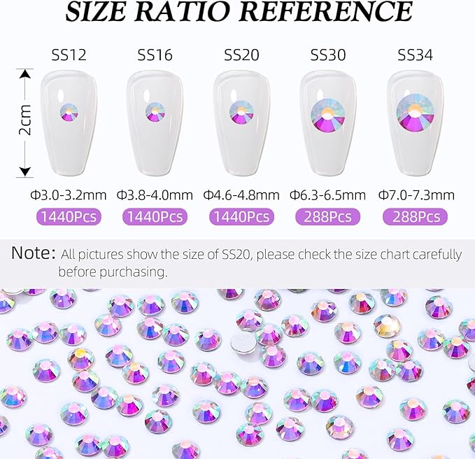 Meibite Crystal AB Flatback Rhinestones, Glass Rhinestones for Nail Art and Craft, Glue Fix, Loose Crystal Gemstones(Crystal AB, SS30, 288pcs, 6.4-6.6mm)