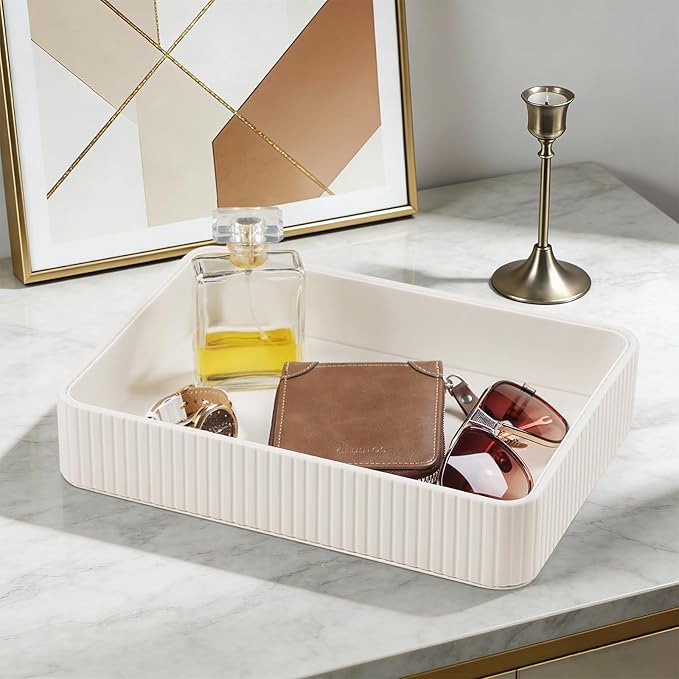 MEIBOOCH 2 Pack Nightstand Organizer Tray, Decorative Perfume Valet Tray Trinket Dish Catch All Purse Key Bowl, PU Leather Coffee Table Trays for Vanity Dresser Bedside Bathroom Countertop (Ivory)