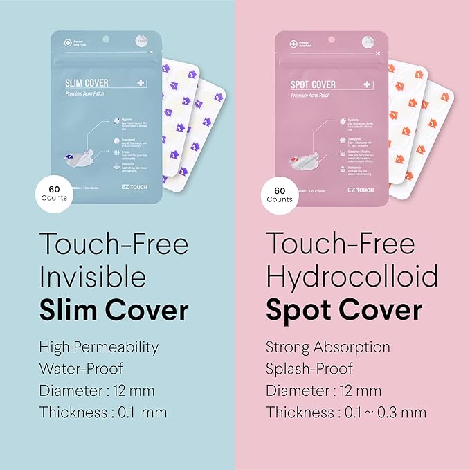 EZ Touch Touch-free Hydrocolloid Acne Pimple Patch(60 count, 12mm, Fast0Healing) | Last 48 hr | Patented Korean Spot Cover