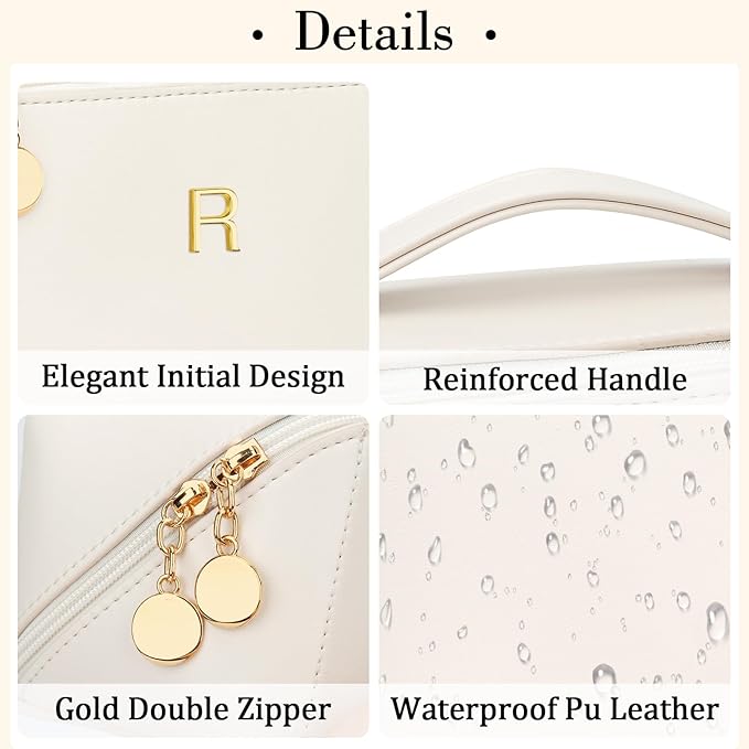 Birthday Gifts for Women Teen Girl, Personalized Initial Makeup Organizer Bag Set, Open Flat Travel Cosmetic Bag With Clear Divider and Handle(Beige,R)