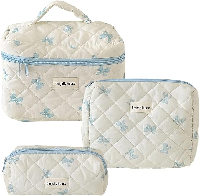 Cute Makeup Bag Aesthetic Floral Quilted Cotton Cosmetic Bag Travel Organizer Toiletry Pouch 3 Pack Set (02Blue Bow)