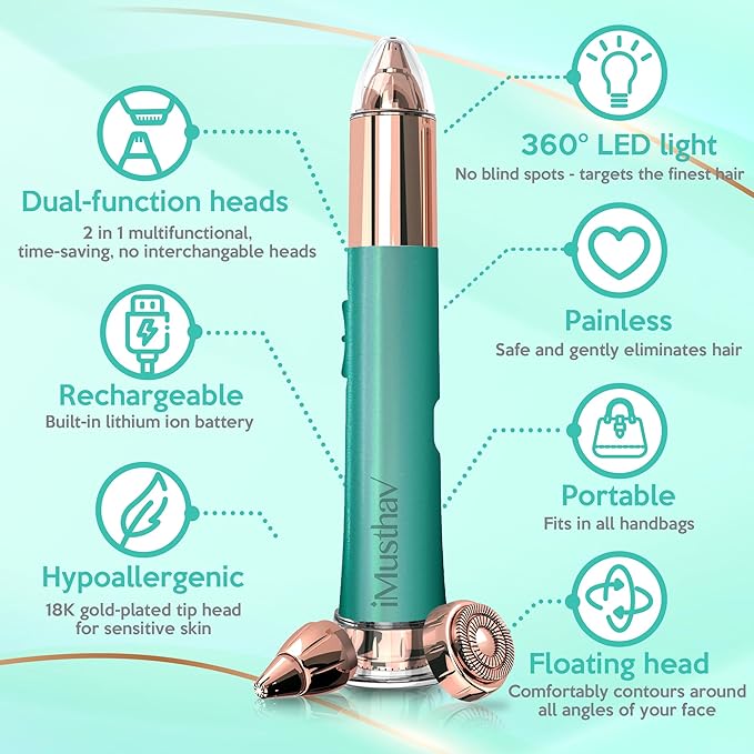 iMusthav 2 in 1 Eyebrow and Facial Hair Remover for Women Painless Electric Razor Epilator Trimmer Shaver with 18K Gold-Plated, USB Rechargeable, 360° LED for Flawless Eyebrow and Face Hair Removal