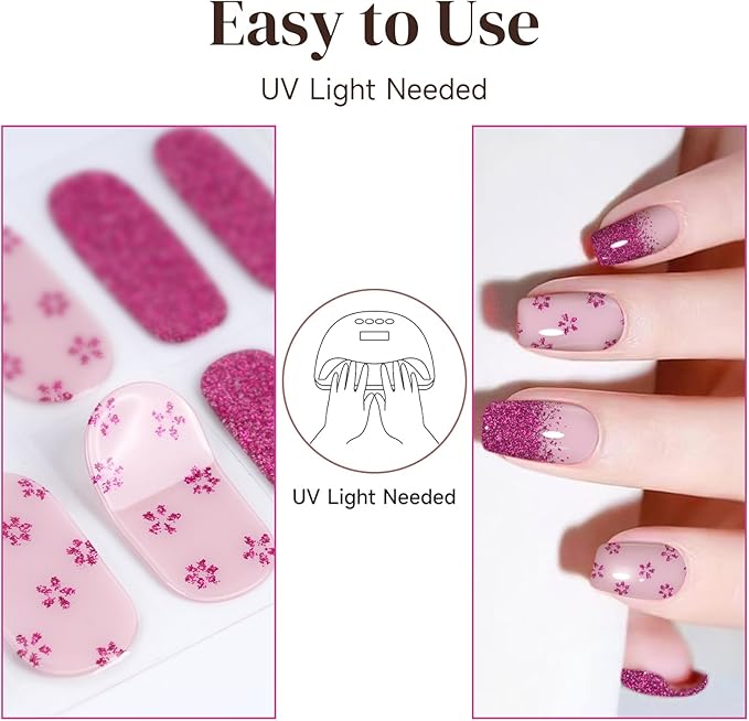 DUKASOU Semi Cured Gel Nail Strips, 56Pcs Nail Art Stickers/Wraps, Long Lasting UV Nail Polish Strips for Adults(Flower Rose Red Glitter)