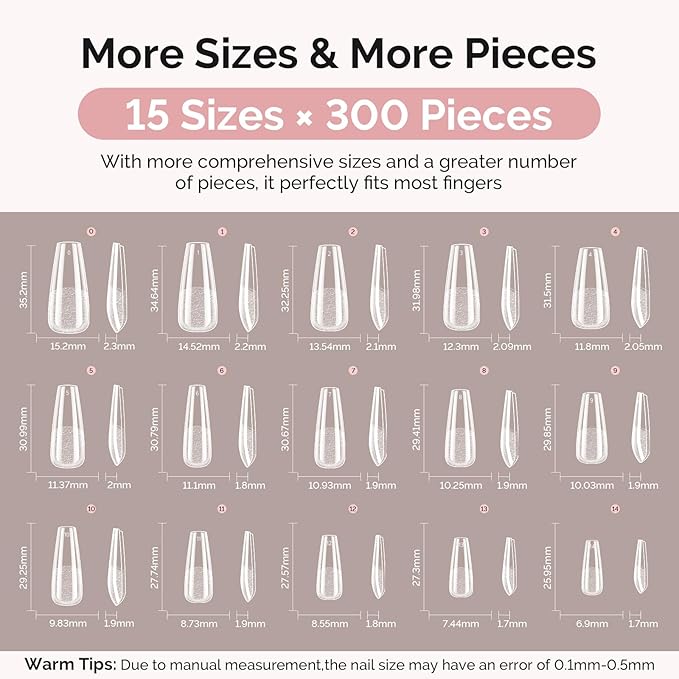 MelodySusie Long Coffin Gel Nail Tips Kit-300Pcs Pre-Building Apex Fake Nail Tips 20g Solid Nail Glue Gel,Half Matte Full Cover Clear Acrylic Nail,15Sizes Thick Strong Long Lasting for Home DIY&Salon