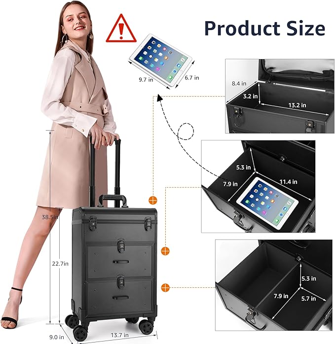 Yokilly Rolling Makeup Train Case, Professional Cosmetology Case on Wheels, Aluminum Cosmetic Trolley Travelling Cart Trunk with Swivel Wheels, Sliding Drawer & Keys for Nail Technician Stylist(Black)