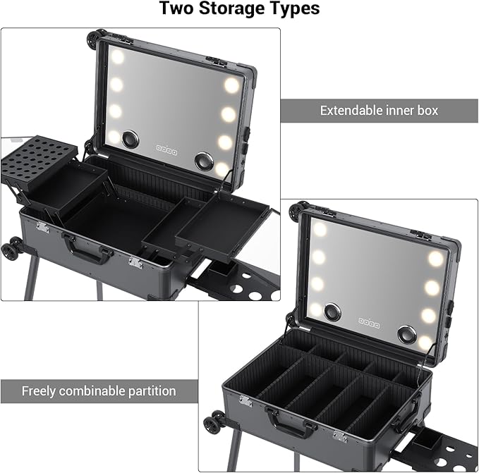 Rolling Makeup Train Case with Lighted Mirror and Bluetooth Speaker Professional Cosmetic Organizer Case with Wheels, Stands Portable Makup Station Vanity for Travel (Gray, Medium)