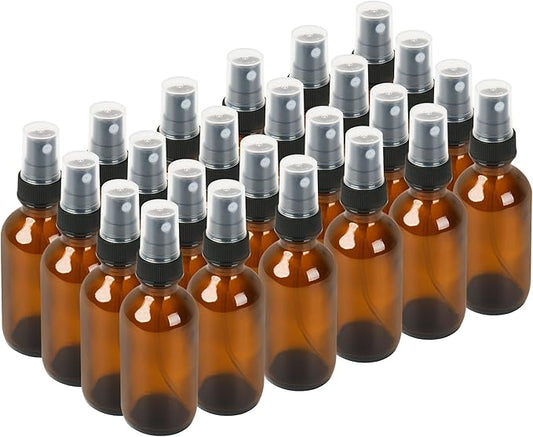 BILLIONSTARS 24 Pack 2oz Glass Boston Round Bottle with Fine Mist Sprayer - Amber - Essential Oils, Bath, Beauty, Hair & Cleaning - Leakproof Travel Bottles