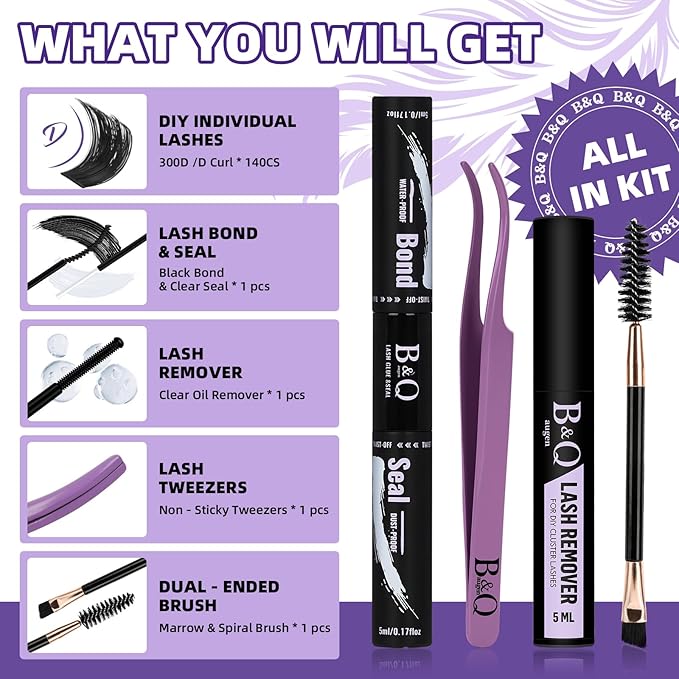 B&Q Fluffy Lash Clusters Kit UltraSoft Cluster Eyelash Extensions, 300D Volume Eyelash clusters 10-18mm Lash Extension Kit, D Curl Individual Lashes kit with lash Applicator Tool (300D Set)