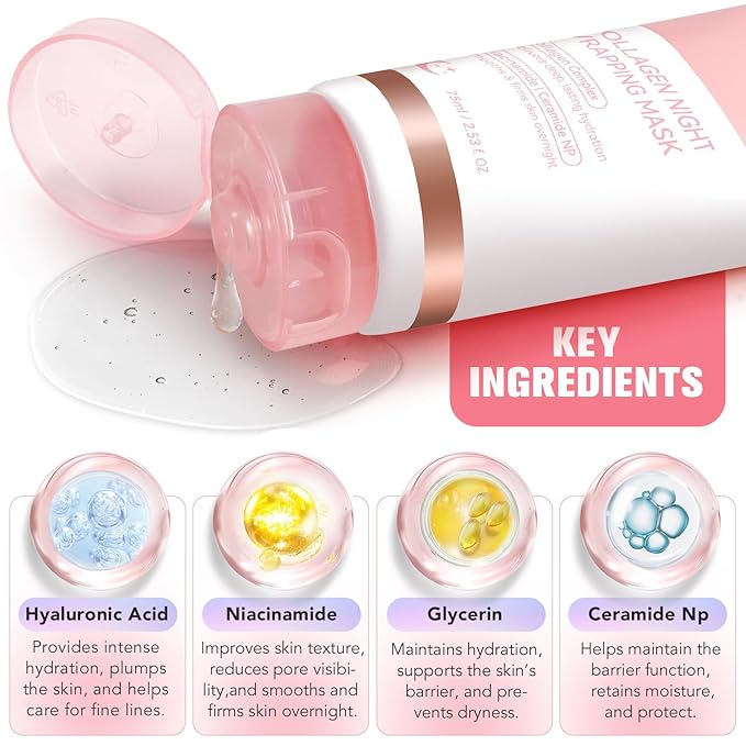 2 Pack Collagen Night Wrapping Mask with Brush 2.53 fl.oz, Collagen Overnight Peel Off Facial Mask, Hydrolyzed Collagen Face Mask, Reduces Sagging & Dullness - Hydrolyzed Face for Glowing Glass Skin