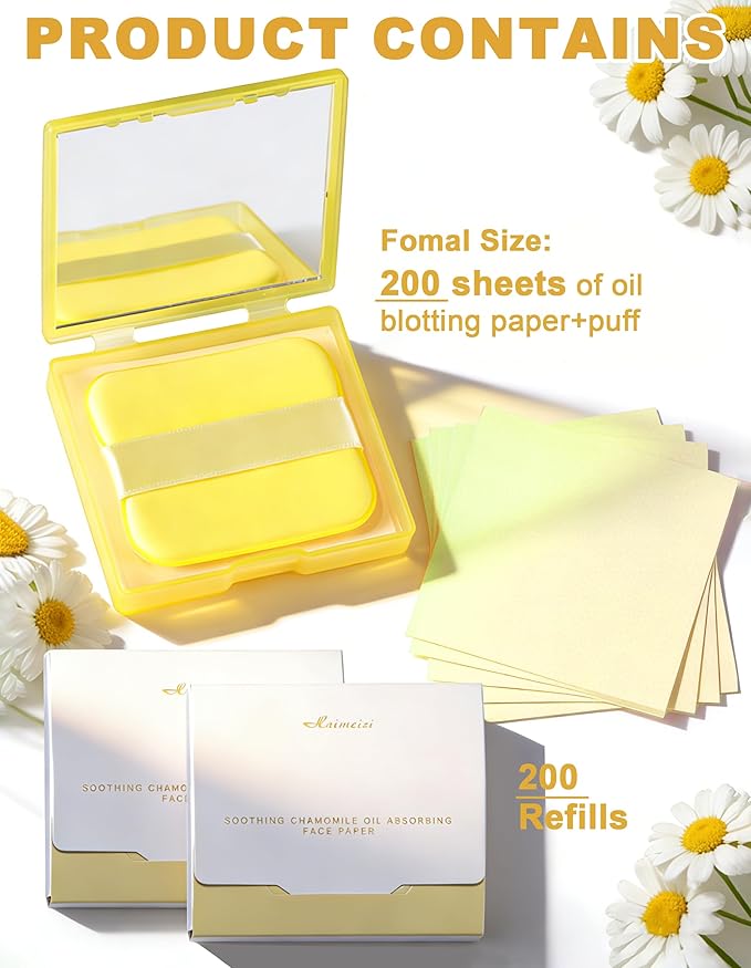 Okerker Chamomile Oil Blotting Paper - 400 Sheets w/Mirror, Puff & Refills, Absorbs Excess Face Oil, Controls Shine, Saves Makeup, The On-the-Go Essential for a Flawless, Matte Finish All Day