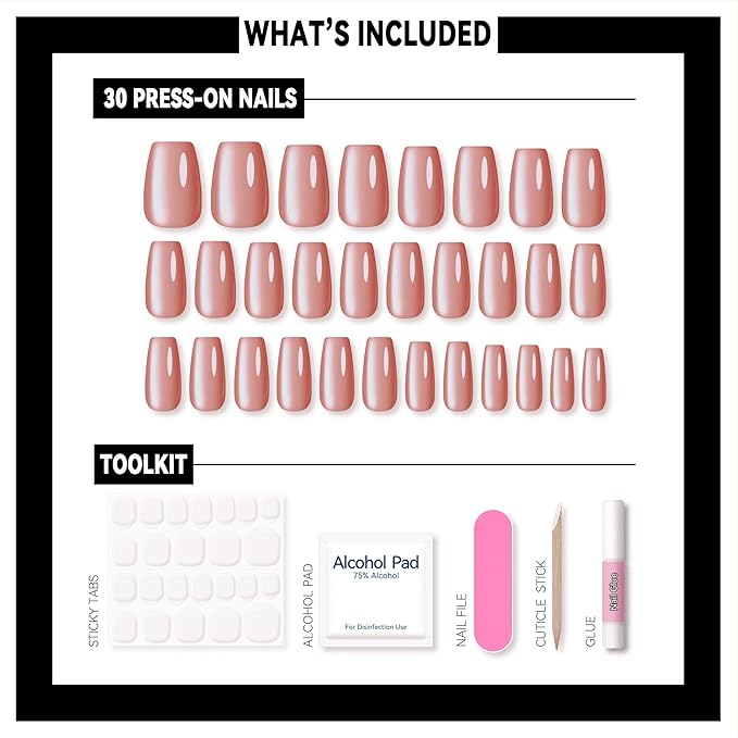Okiyomi Pink Press on Nails - Pink Grapefruit Cat Eye Press on Nails | Magnetic Neutral Blush Shimmer - Medium Coffin Shape - 12 Sizes - 30 Soft Gel Fake Nails with Glue and Stick On Tabs