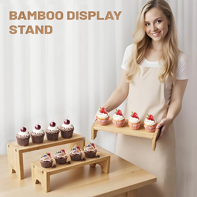 3 Tier Bamboo Display Stand Risers, Independent Shelf with 3 Heights, Natural Bamboo Organizer Stand for Cupcake, Perfume, Cologne, Figurine, Spice, Cosmetic, Tiered Riser Rack for Table Display, Kitchen, Retail, Home Decor