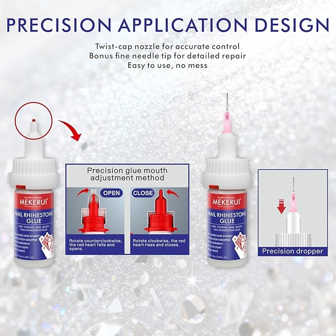 Mekerui Quickly Dry Rhinestone Glue for Nail – No UV Needed – Precision Dropper + Needle – 30+ Days Clear Hold – Nail Art Rhinestones Design Tools