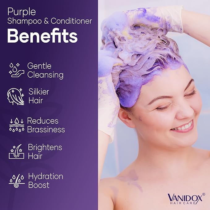 VANIDOX Sulfate Free Brass Toning Purple Shampoo and Conditioner Set for Grey and Silver Hair, Moisturizing & Color-Safe, Enhances Shine & Brightness, Made in USA (16 fl oz each)