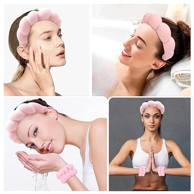 Spa Headband for Washing Face Wristband Set Sponge Makeup Skin Care Terry Cloth Bubble Soft Get Ready Hairband Women Girls Puffy Padded Headwear Non Slip Thick Hair Accessory (Blue Pink)
