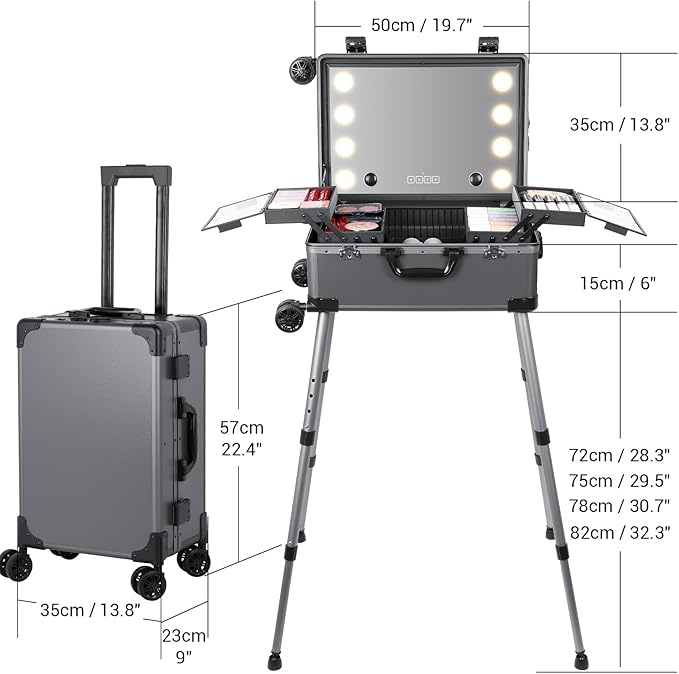 Rolling Makeup Train Case with Lighted Mirror and Bluetooth Speaker Professional Cosmetic Organizer Case with Wheels, Stands Portable Makup Station Vanity for Travel (Gray, Small)