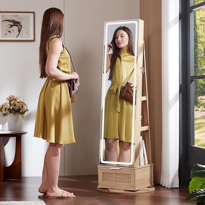 Rattan 360° Swivel Jewelry Armoire Cabinet Standing with Full Length Mirror, Lockable Jewelry Organizers and Drawer Storage with 3 Color LED Lights & Interior Mirror Rear Storage Shelves