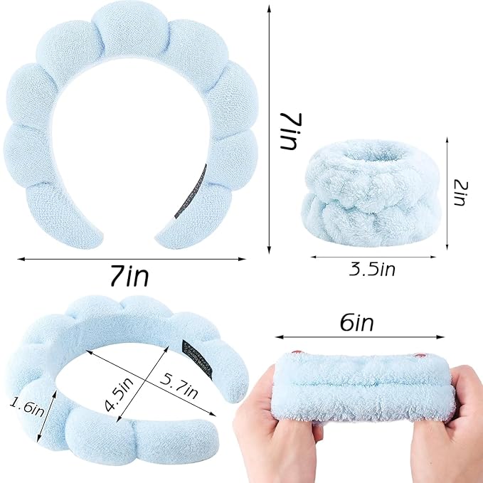 Spa Headband for Washing Face Wristband Set Sponge Makeup Skin Care Terry Cloth Bubble Soft Get Ready Hairband Women Girls Puffy Padded Headwear Non Slip Thick Hair Accessory (Blue)
