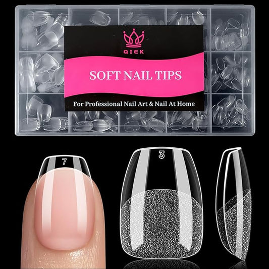 Qiek Extra Short Coffin Fake Nail Tips, 15 Sizes 240 PCS Clear Half Matte Press On False Nail Pre-shaped Half Soft Cover Gel Nail Tips Extensions Thick Long Lasting for DIY Beginners & Salon Manicure