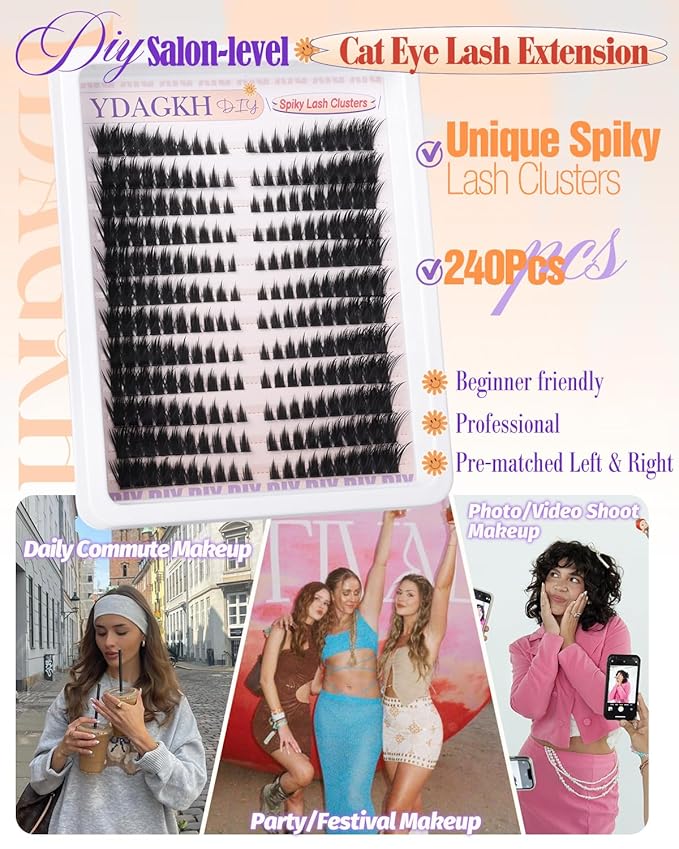 Wispy Lash Clusters with Spikes Fox Eye Eyelash Clusters Natural 7-16mm Anime Individual Eyelashes Cat Eye Lashes Manga Eyelash Extension C Curly DIY Doll Cluster Eyelash Extensions 240Pcs