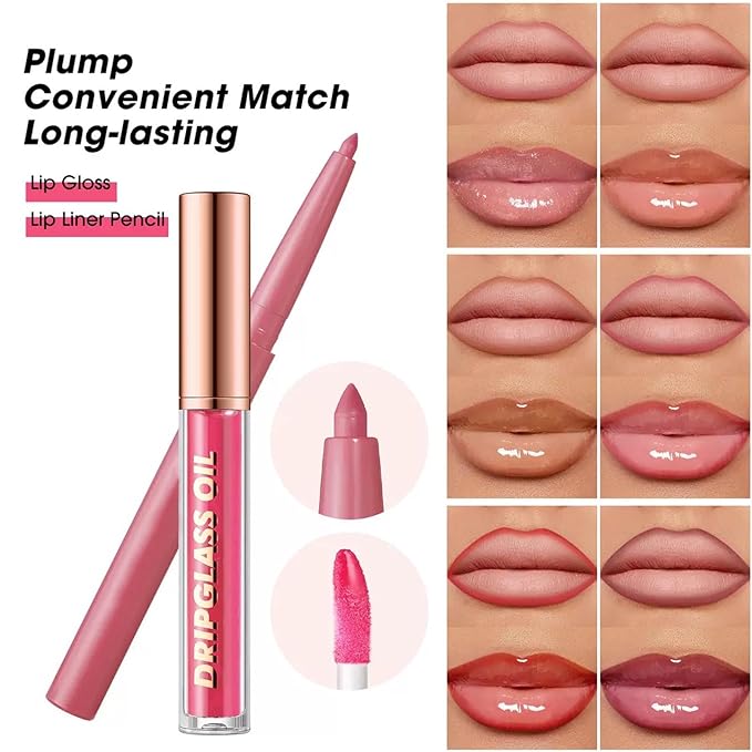 Hyesamyo Nude Lip Gloss Lip Liner Set, Lip kit with Lip Oil Lip Liner, Lip Plumer Gloss lip liner Pencil Waterproof Long Lasting Smudgeproof (04# nude)