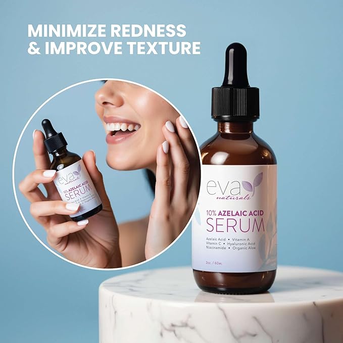 Eva Naturals 10% Azelaic Acid Serum for Face – Niacinamide, Hyaluronic Acid – Redness Relief, Dark Spots, Uneven Skin Tone, Texture, Pores, Topical Booster for Clearer, Smoother Skin, 2oz