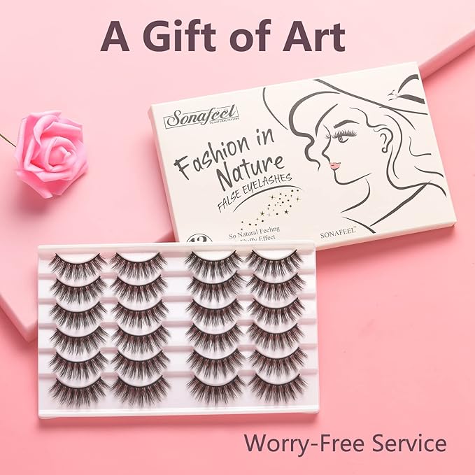 SONAFEEL 12Pairs Hybrid False Eyelashes, 15mm Spiky Manga Lashes, Wispy Fluffy 6d Faux Mink, Reusable, Black, Vegan, Cruelty Free