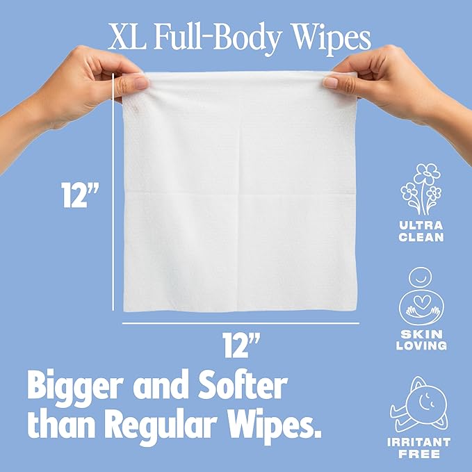 HyperGo XL Body Wipes for Women & Men – 12" x12" Rinse-Free Full Body Cleansing 30 Count Pack - Unscented | Biodegradable, Hypoallergenic, Aloe-Infused | Gym, Festival, Camping Essentials