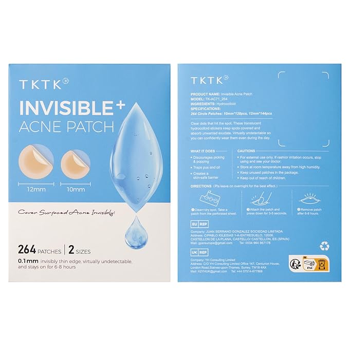 TKTK Pimple Patches for Face, 0.01cm Ultra-Thin Invisible Acne Patches, Hydrocolloid Patches for Breakouts, Absorbs Zits & Blemish, Suitable Under Makeup, 2 Sizes(10mm/12mm) 264 count
