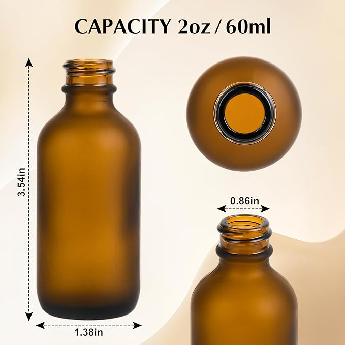Exlvanto Small Glass Bottles with Lids Boston Round Shot Bottles for Health, Immunity, Ginger Juice, Essential Oils, Potion - Leak Proof Mini Travel Containers (Amber Frosted, 2oz-48Pack)