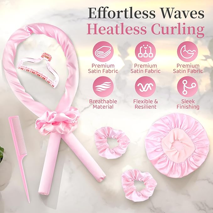 Heatless Hair Curler with Silk Bonnet Wrap – No Heat Hair Rollers for Long Hairs– Effortless Curls with Soft, Durable Headband Curling rod Set –Achieve Wavy and Heatless Curls Overnight
