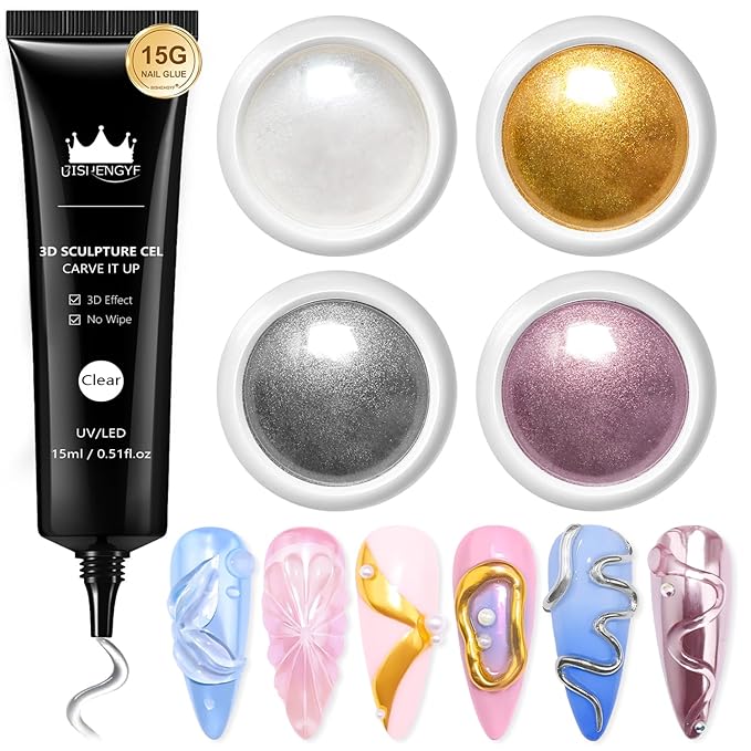 Chrome Nail Powder and 3D Nail Gel Kit BISHENGYF: 15g No Wipe 3D Sculpting Gel Aurora White Pearl Silver Gold Chrome Nail Powder with Clear 3D Carving Nail Molding Glue Set for Nail Art Decoration