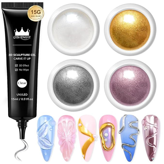 Chrome Nail Powder and 3D Nail Gel Kit BISHENGYF: 15g No Wipe 3D Sculpting Gel Aurora White Pearl Silver Gold Chrome Nail Powder with Clear 3D Carving Nail Molding Glue Set for Nail Art Decoration
