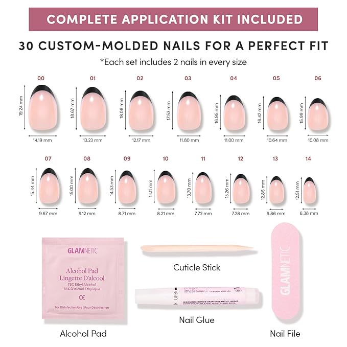 Glamnetic Press On Nails - Smoke Salt | Short Oval Black French Tip Fake Nails, Salon Quality French Manicure | 15 Sizes - 30 Nail Kit with Glue