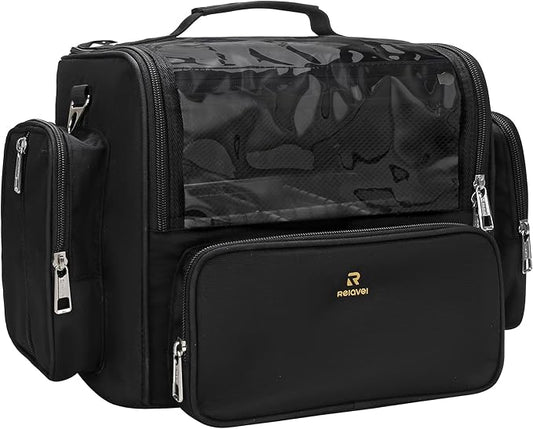 Makeup Brush Bag, Clear Makeup Brush Holder with Lid, Extra Large Capacity Travel Cosmetic Bag Makeup Artist Must Haves, Black Makeup Case, Make Up Organizers and Storage, with Adjustable Dividers
