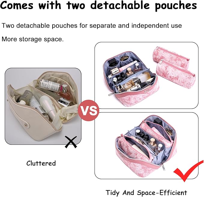 BOYATU Travel Makeup Bag for Women: Large Capacity Make up Bag with Compartments - Vegan Leather Cosmetic Bag set of 3 - Waterproof Toiletry Bag with Handle & Divider(E-4-Pink)