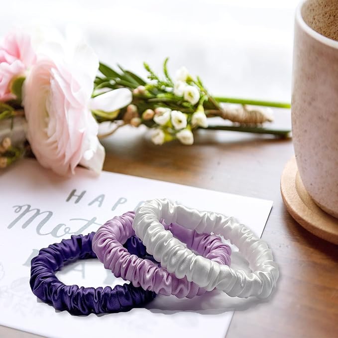 VLOMOT 3 Pcs Set 100% Pure Mulberry Silk Hair Scrunchies Hair Ties with 3 Chic Colors Everyday Skinny Scrunchies Silk Ponytail Holders Hair Care No Damage (Purple)