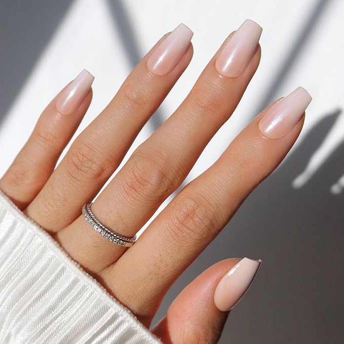 Glamnetic Press On Nails - Delicate Touch | Glazed Medium Coffin Nude Fake Nails with Ombré, Salon Quality Neutral Nails | 15 Sizes - 30 Nail Kit with Glue