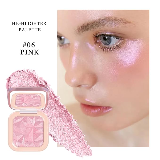 Highlighter Makeup Palette, High Glossy Face Illuminator Palette, Pearl Shimmer Smooth Baked Powder with Natural Glow Finish, Facial Glitter Lasting Sparkling Luminizers Highlighter-PINK