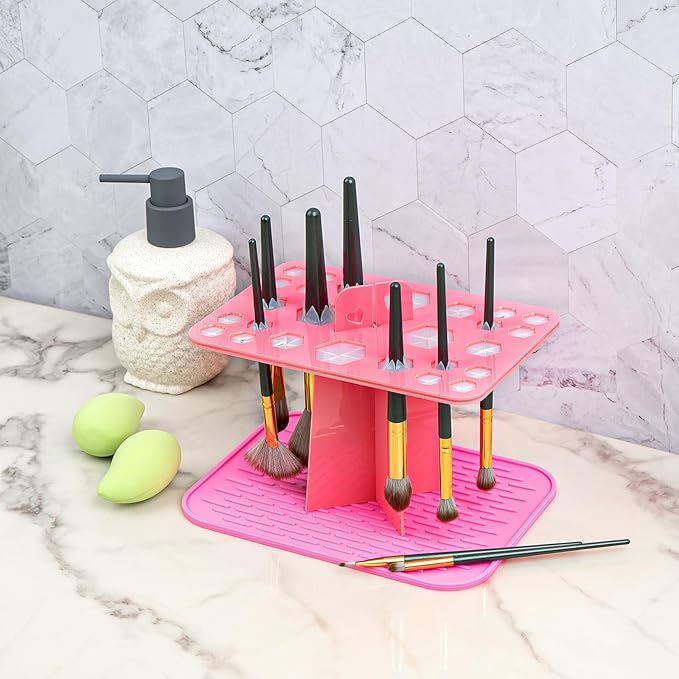 Acrylic Brush Holder, 26 Slots Drying Holder Rack, Makeup Brush Storage Organizer for Hanging, Display Stand Upside Down with Suction for Women Girls (Pink)