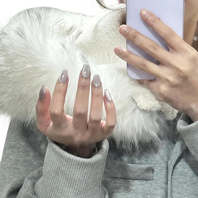 Cat Eye Press on Nails Handmade Short Oval/Square/Round False Nails with French Tip/Aurora/Magnetic Shimmer Designs (Side#Perfumer M)