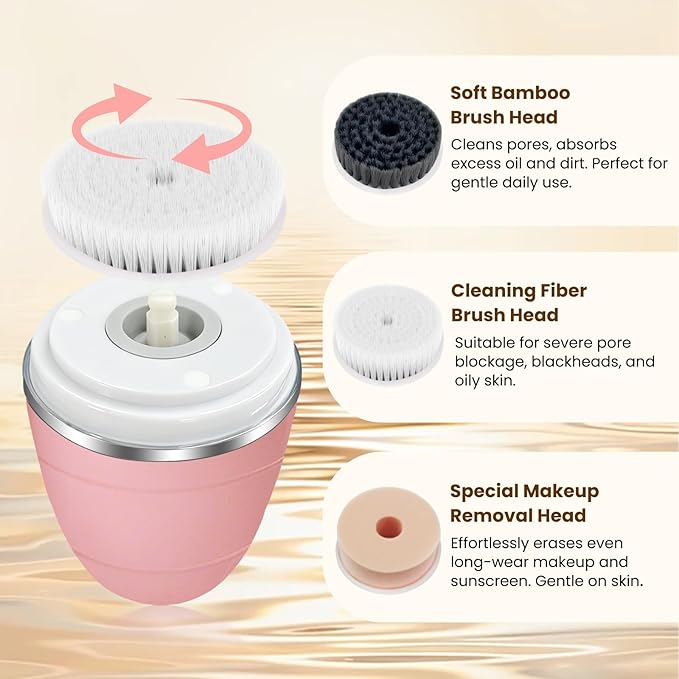 Facial Cleansing Brush, Mini Electric Face Scrubber, Waterproof Face Exfoliator Brush for Deep Cleansing, Portable Face Wash Brush for Travel, Easy to Carry, with 3 Brushheads for Women Mom Men