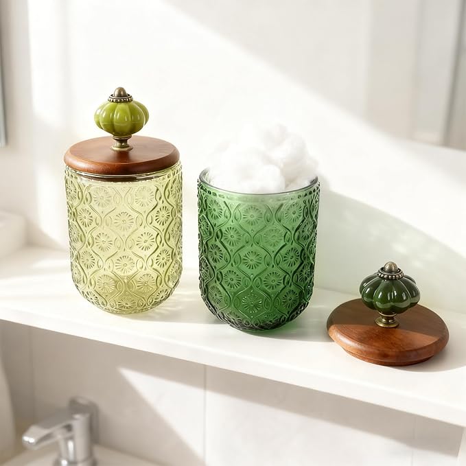 Canumer 2 Pack Green Qtip Holder – Glass Apothecary Jars with Lid, Qtip Dispenser, Bathroom Storage Organizer for Cotton Balls, Swabs, Pads, Floss, Makeup Essentials, Candy, Vintge Decor
