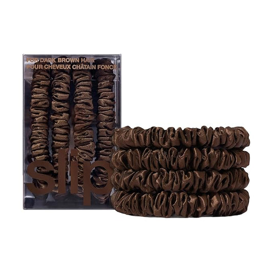 slip Silk Skinny Scrunchies - Dark Brown | Set of 4 Skinny Scrunchies | 100% Mulberry Silk, Anti-Crease, Gentle on Hair, Reduces Breakage | Stylish & Durable, Ideal for All Hair Types