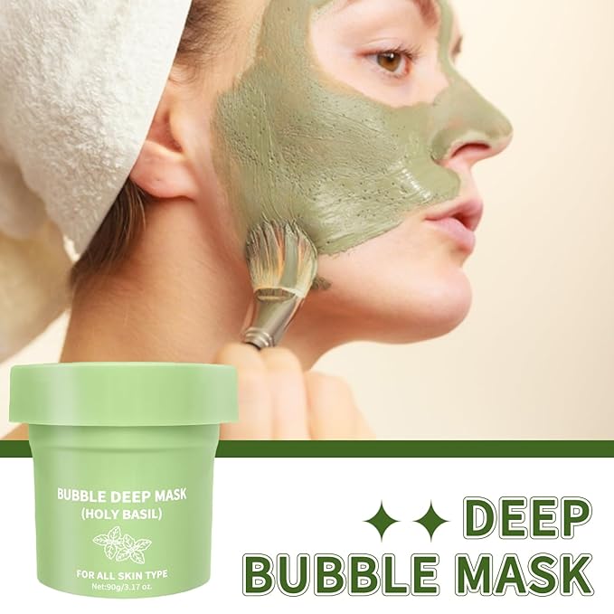 Holy Basil Bubble Deep Cleansing Mask with Carbonated Water for Pore Cleansing & Blackhead Removal, Korean Clay Bubble Wash-Off Facial Pack, 90g / 3.17 oz (01)