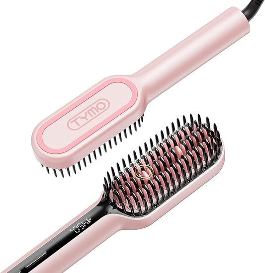 TYMO Hair Straightener Brush, Upgraded Ionic Compact Straightening Brush for Women with Wave-Design Bristles, Fast, Smooth Styling, Lightweight Hot Comb & Travel Flat Iron, 1 Billion Ions, Pink