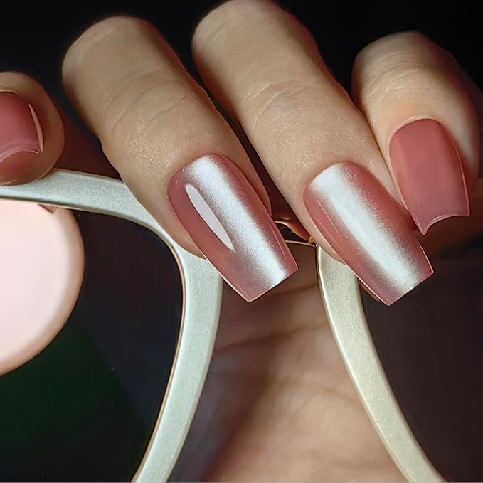 Okiyomi Pink Press on Nails - Pink Grapefruit Cat Eye Press on Nails | Magnetic Neutral Blush Shimmer - Medium Coffin Shape - 12 Sizes - 30 Soft Gel Fake Nails with Glue and Stick On Tabs