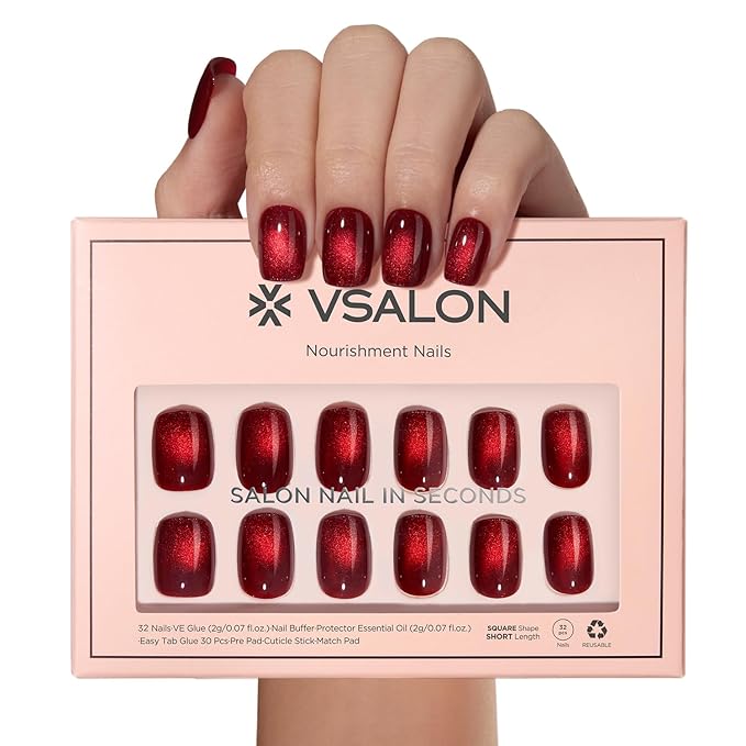 VSALON Press on Nails Short Square - Burgundy Red Cat Eye Glitter Fake Nails, Reusable Opaque Gel Magnetic Effect Fake Nails with Glue & Cuticle Oil - 32 PCS in 16 Sizes Valentines Gifts for Women